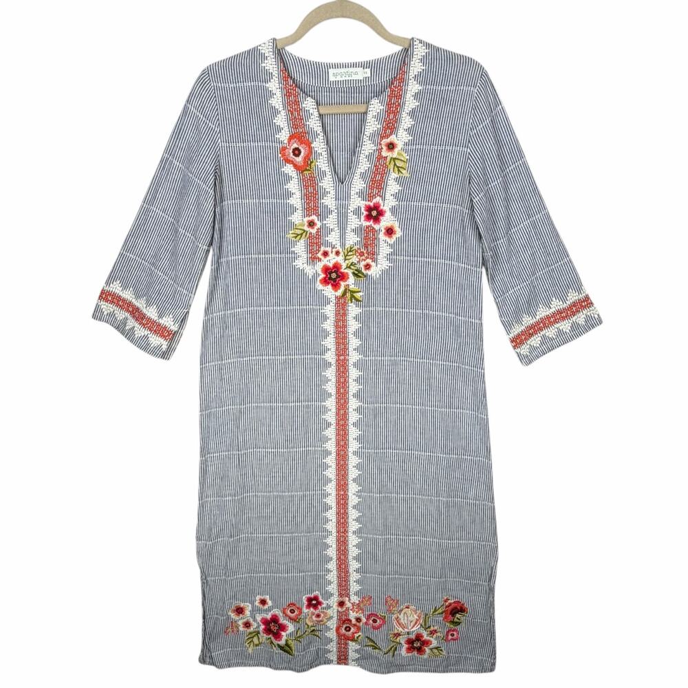 Spartina 449 Midi Dress XS Striped Floral Embroidered Spilt V-Neck 3/4 Sleeve